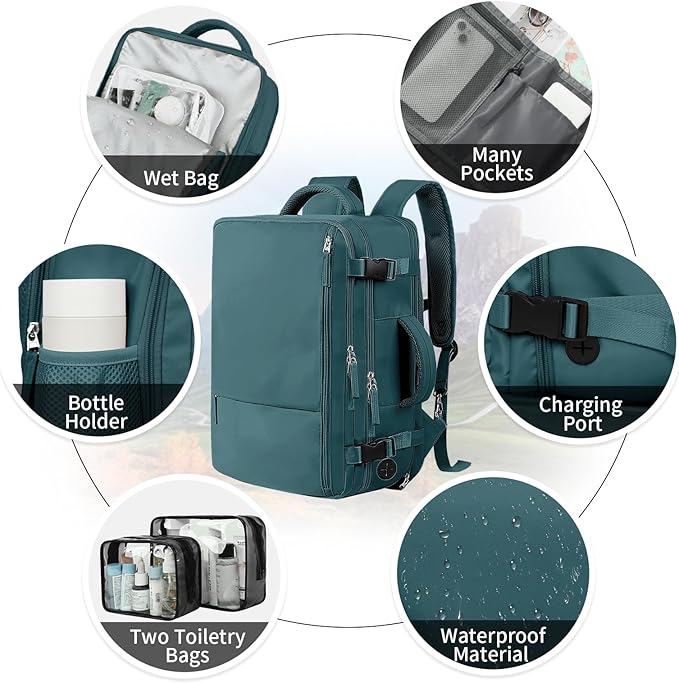 Hanples Large Travel Backpack for Women as Person Item Flight Approved, 40L Carry on Backpack, 17 Inch Laptop Backpack, Waterproof Backpack,Casual Bag with 2 Toiletry Bags (Peacock Blue)