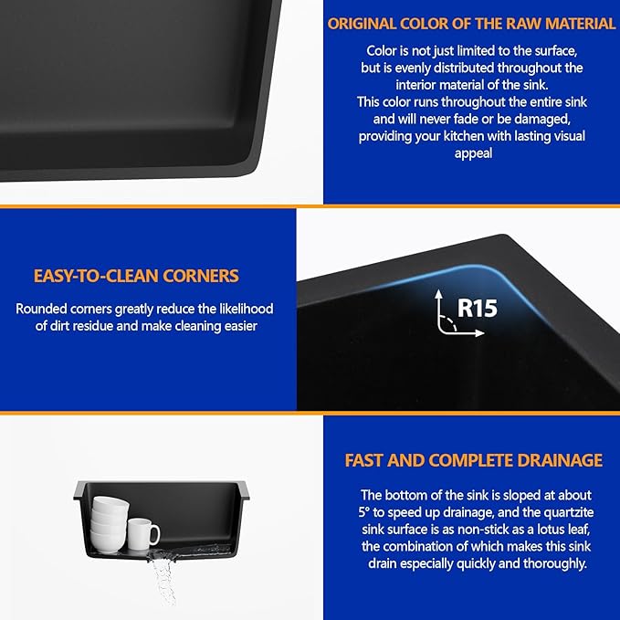 Dcolora 18 Inch Quartz Composite Black Wet Bar Sink Undermount Small Prep Granite Composite Kitchen Sink RV Single Bowl Under Counter, 18"x 16", DC-GU7746