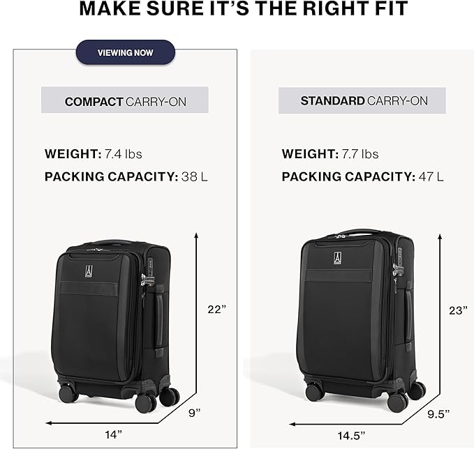 Travelpro VersaPack+ Lightweight Softside Expandable Carry on Luggage, 8 Spinner Suitcase, TSA Lock, Men and Women, Compact Carry On 20-Inch, Estate Blue