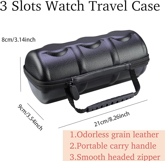 Juntan 3 Slots Hard Watch Travel Case, Portable PU Leather Zipper Storage Organizer Box for Men Women with Soft Compressible Foam Pillow Black