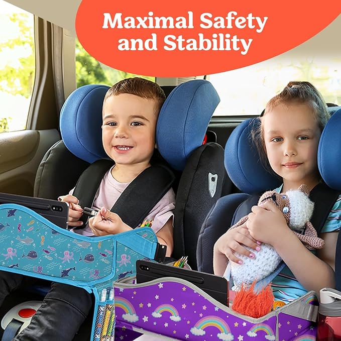 PILLANI Kids Travel Tray for Car - Car Seat Tray for Kids Travel, Road Trip Essentials Must Haves - Carseat Table Roadtrip Activities - Toddler Lap Desk Organizer for Airplane - Kids Travel Essentials