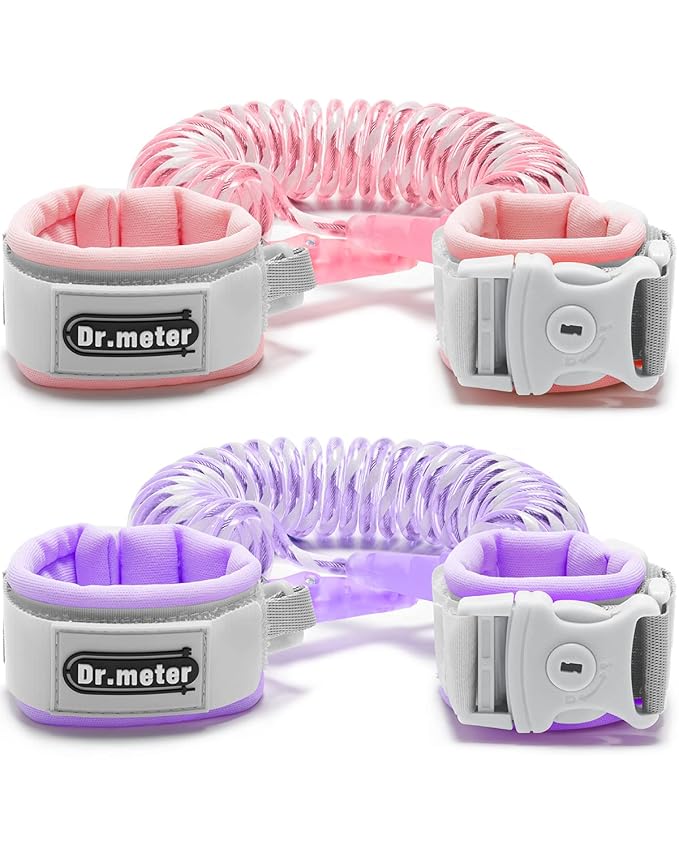 Dr.meter Anti Lost Wrist Link, 2 Pack Toddler Safety Leash with Key Lock, Reflective Child Walking Harness - Dual 8.2ft Length Pink & Purple Kids Leash for Outdoor, Kids Travel Essencials