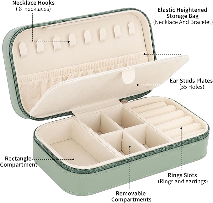 DesignSter Travel Jewelry Box, PU Leather Portable Jewelry Case, Small Jewelry Boxes for Gifts, Travel Jewelry Organizer for Women Rings Earrings Necklaces Bracelets (Avocado Green)