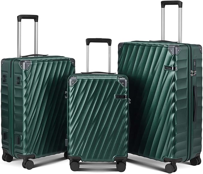 Luggage sets 3 piece with Spinner Wheels, PC Hard Shell Travel Luggage, Carry On suitcase with TSA Lock,YKK Zippers,Charcoal Metallic (Dark Green, 3 Piece Sets(20/24/28))