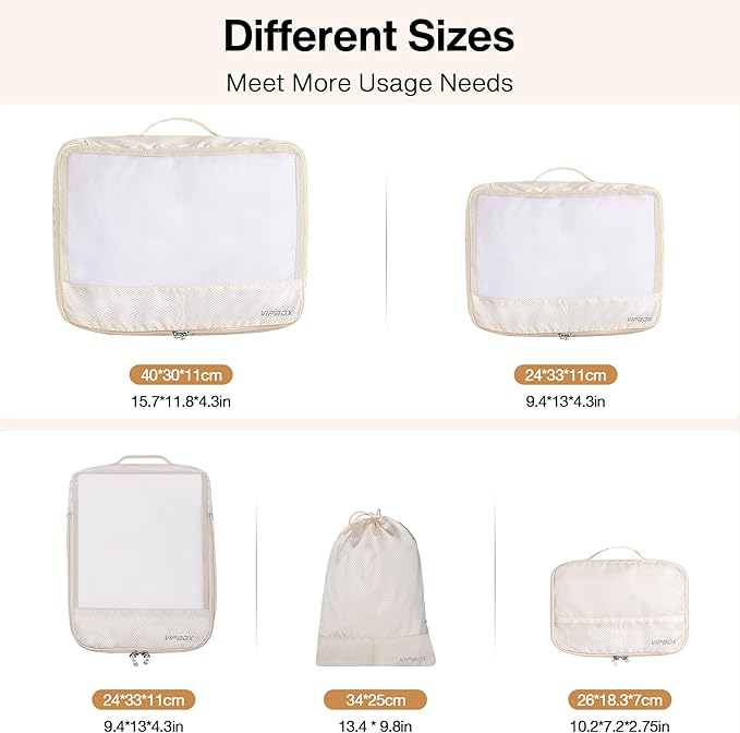 5 Set Packing Cubes Travel for Luggage Durable Suitcases Organizer Bags Lightweight Airplane Travel Vacation Essentials Accessories for Carry on (Cream)