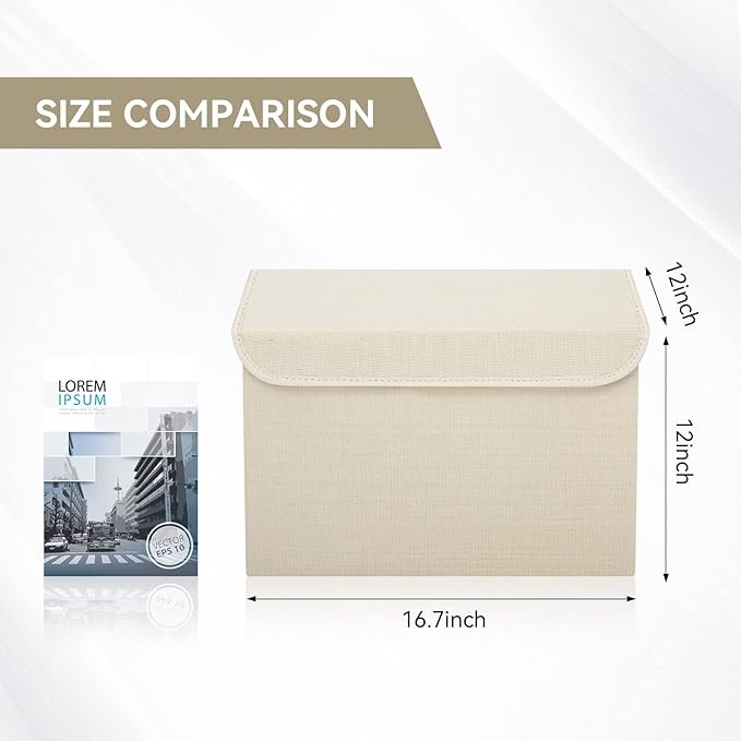 Large 42 Quarts Collapsible Stackable Storage Bins Cube with Lids [3-Pack] Foldable Fabric Linen Storage Boxes, Closet Organizer Baskets with Label for Home (16.7 x 12 x 12, Beige)