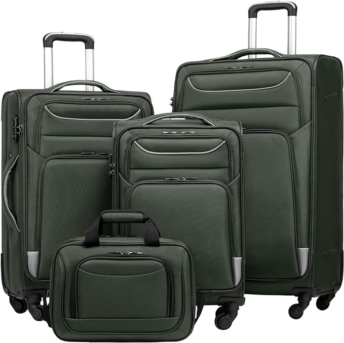 Coolife Luggage 4 Piece Set Suitcase TSA Lock Spinner Softshell lightweight (dark green)