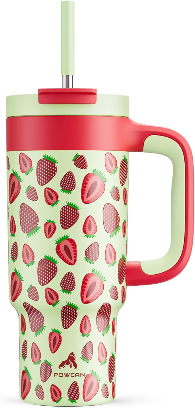 24 oz Metal Tumbler Cup for Girls: Easy Grip Handle, Leak-Proof when Sealed, Easy to Clean, Double Wall Vacuum Cup for Home, School, Daycare, Party, Picnic, Hiking, Travel, Gift (Strawberry Pop)