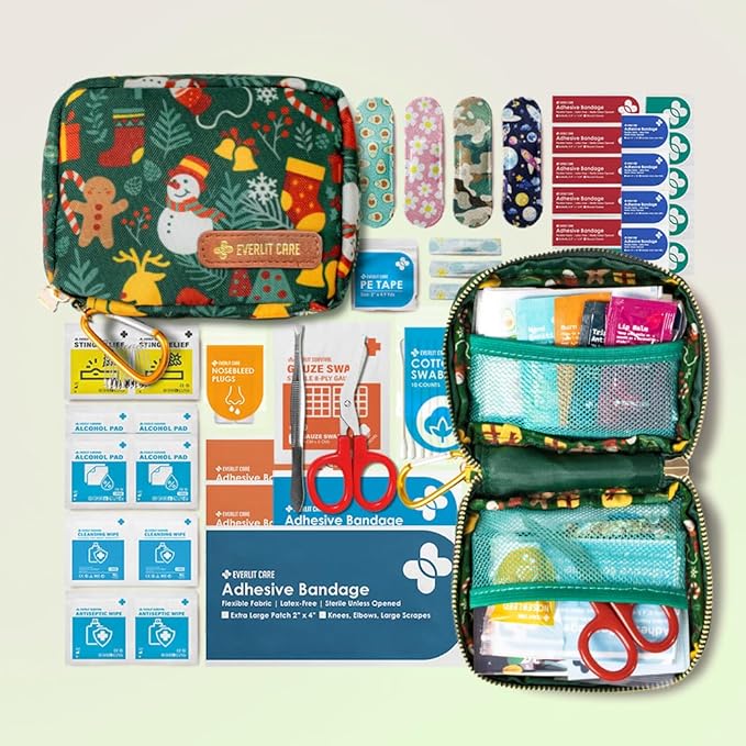 EVERLIT Mini Rescue Pack | 105 Medical Essentials Organized in Portable Storage Bag | Pocket Size Kids First Aid Kit with D Ring | Small Family-Friendly Travel Medical Kit (Christmas)