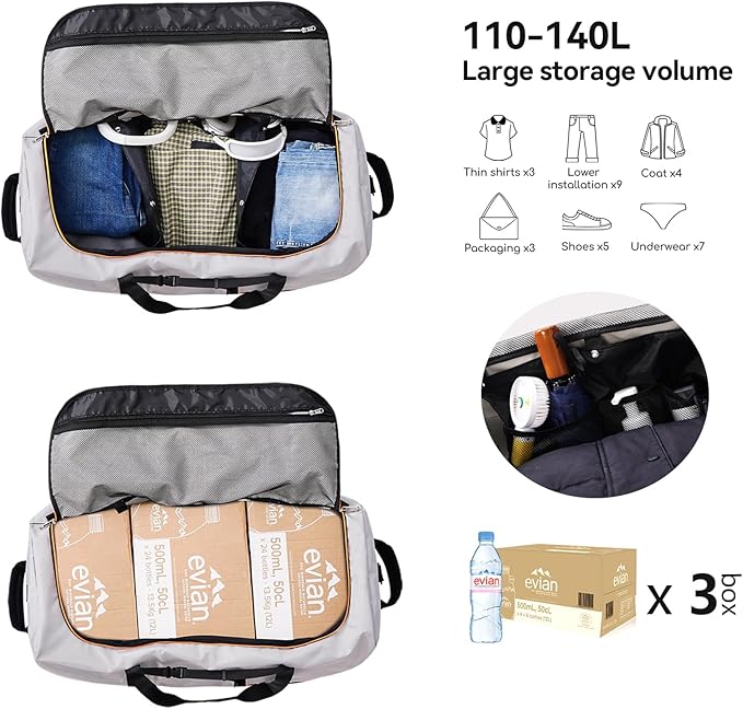Rolling Duffle Bag with Wheels,110L/140L Expandable Soft-Sided Foldable Duffle Bag with 2 Rubber Wheels,Packable 32” Rolling Carry-On with Multi-Pockets & Compartments (Grey)
