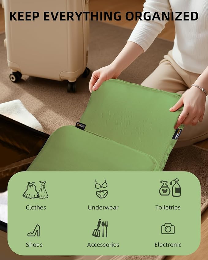 6 Set Compression Packing Cubes for Travel, Large Medium Small Luggage Organizers, Storage Bags for Clothes (6 Pack, Forest Green)