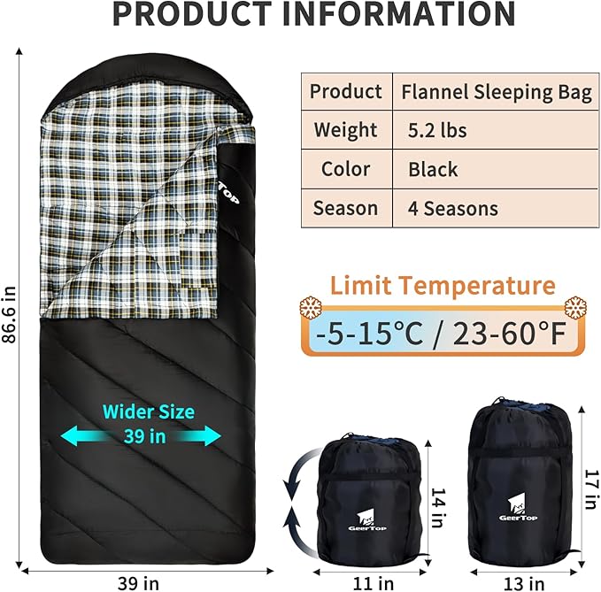 GEERTOP Flannel Sleeping Bag for Adults XXL 4 Season, 0 Degree Sleeping Bag for Winter Cold Weather