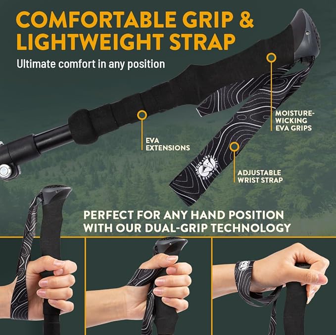 Premium Foldable Hiking Poles by USA Brand - Adjustable, Lightweight Trekking Poles Made of Aircraft Aluminum, Metal Flip Locks & Comfortable Real Cork and EVA Foam Grips