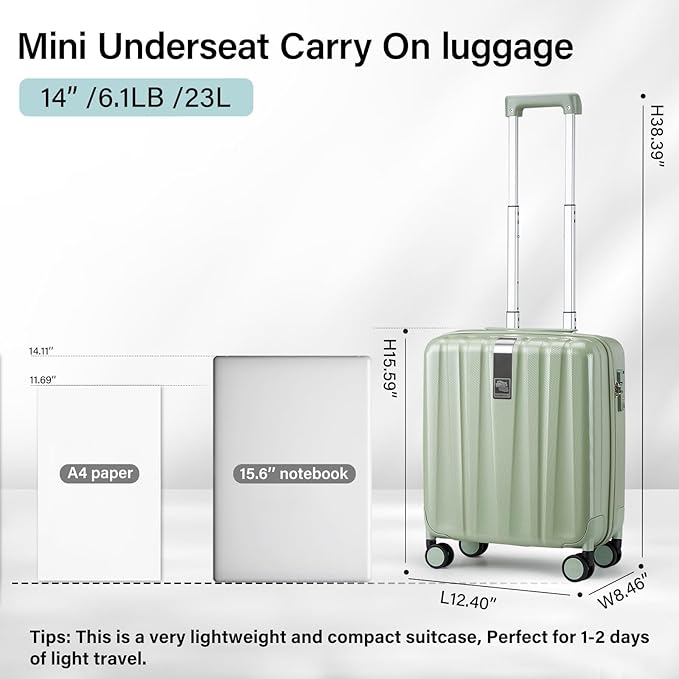 Hanke 14 Inch Underseat Carry On Luggage with Wheels Hard Shell Suitcases Carry On Bag Lightweight Small Mini Suitcase Travel Luggage for Travel（Bamboo Green）