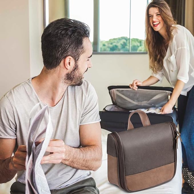 Hanging Toiletry Bag for Men VANCASE Vintage Leather Shaving Dopp Kit Medium Waterproof Travel Bathroom Bags Portable Shower Organizer