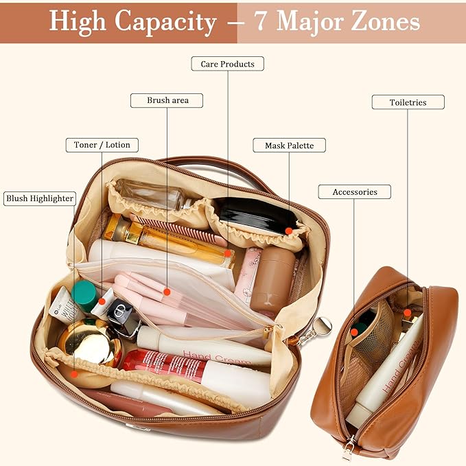Birthday Gifts for Women Teen Girl, Personalized Initial Makeup Organizer Bag Set, Open Flat Travel Cosmetic Bag With Clear Divider and Handle(Brown,E)