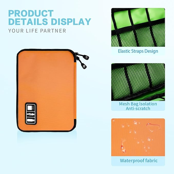 Electronics Travel Organizer,Portable Waterproof Electronic Travel Storage Bag for Small Charging Cord Storage,Charger,SD Card etc,for Travel,Business-Orange Green