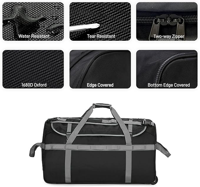 Foldable Rolling Duffle Bag with Wheels, 85L Extra Large Wheeled Travel Duffel, Waterproof Collapsible Weekender Luggage with Rollers for Storage Camping Sports Outdoor, Gray