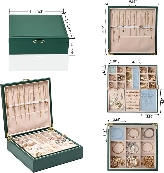 2-layer jewelry box，Jewelry Organizer with Handle，with hanging necklace hooks, detachable jewelry trays, suitable for storing a large amount of jewelry gift box (Large-Green)