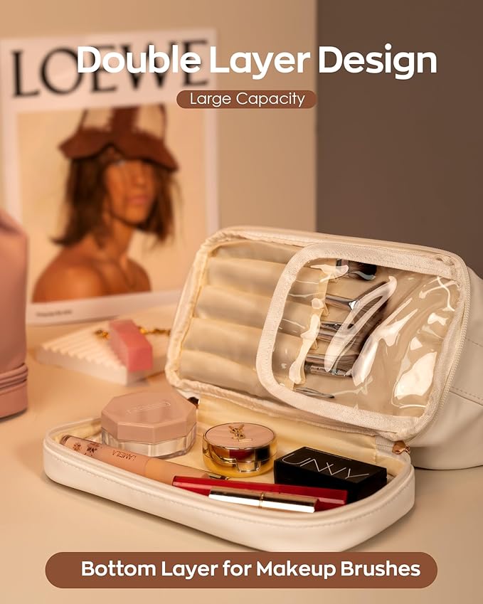 Appreciation Gifts for Woman, Personalized Makeup Bag with Handle, Initial Double Layer Cosmetic Bag with Makeup Brush Organizer, Cute Cosmetic Pouch for Women, Gift Ideas for Teen Girls