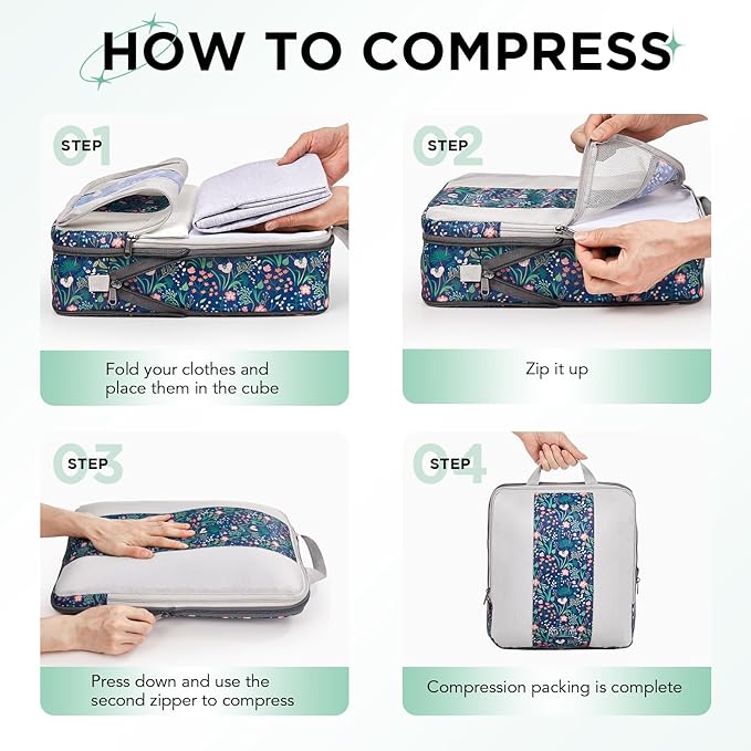 10 Set Compression Packing Cubes for Travel Essentials,Compressible Expandable Packing Cubes for Suitcase,OlarHike Luggage Organizer Bags,Handy Helper for Organizing Clothes(Dark Blue Floral)