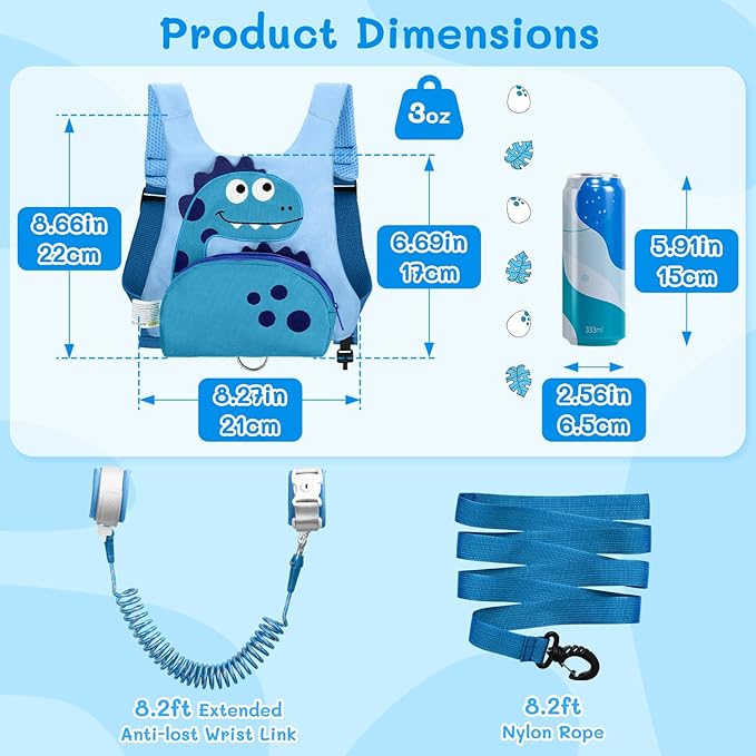Dr.meter 3 in 1 Toddler Harness Leash + 8.2ft Anti Lost Wrist Link, Cute Dinosaur Kids Safety Harness with Key Lock, Child Walking Harness Assistant Strap for Outdoor Activity Travel
