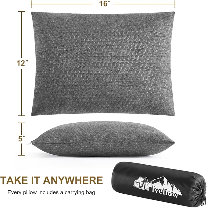 Ivellow Memory Foam Travel Pillow Compressible Camping Pillow for Sleeping Shredded Memory Foam Pillow Compact Firm Supportive Travel Pillow for Adults Kids Outdoor Backpacking Hiking Essential Gear-S