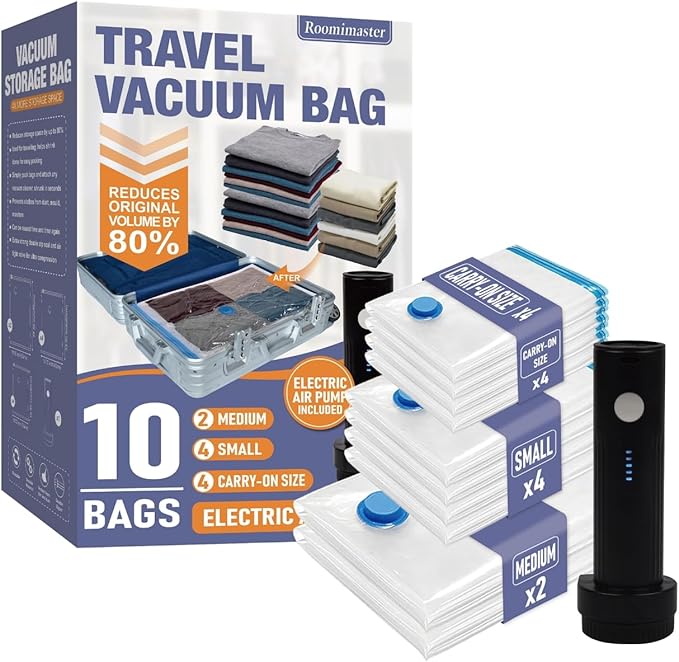 Travel Vacuum Storage Bags with Electric Pump, 10 Combo Travel Packing Bags for Luggage and Suitcase, Carry-on Size Compression Space Saver for Clothes and Clothing