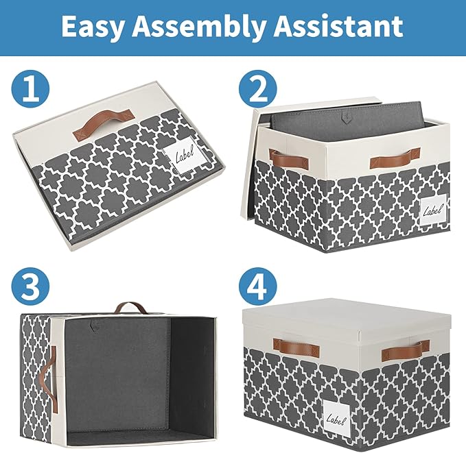 GhvyenntteS Large Fabric Storage Bins with Lids (3 Pack), Foldable Decorative Storage Boxes with Lids and 3 Handles, Sturdy Storage Baskets with Label Window for Home Office (White&Lattice Grey)