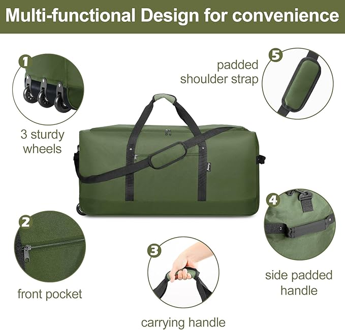 Finnhomy 120L Foldable Rolling Duffel Bag with 3 Wheels, Light Weight Travel Duffel bag with Large Loading Capacity, 32 inch Rolling Duffel bag with Shoulder Strap for Travel Camping Sports