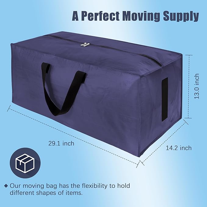 4 Pack Large Strong Moving Bags with Zippers & Carrying Handles - Water-Resistant - Heavy Duty Storage Tote for Space Saving, Fold Flat, Alternative to Moving Box (Blue)