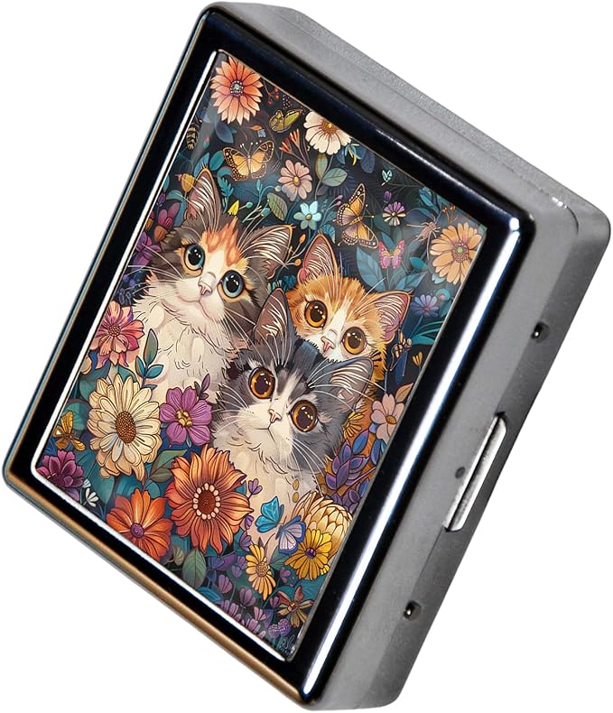8‑Compartment Metal Pill Box Organizer – Portable Medicine Case 3″×2.6″ | Food‑Grade Dividers | Secure Snap Button Lid | Travel & Gift for Seniors (Curious Kittens in Bloom)