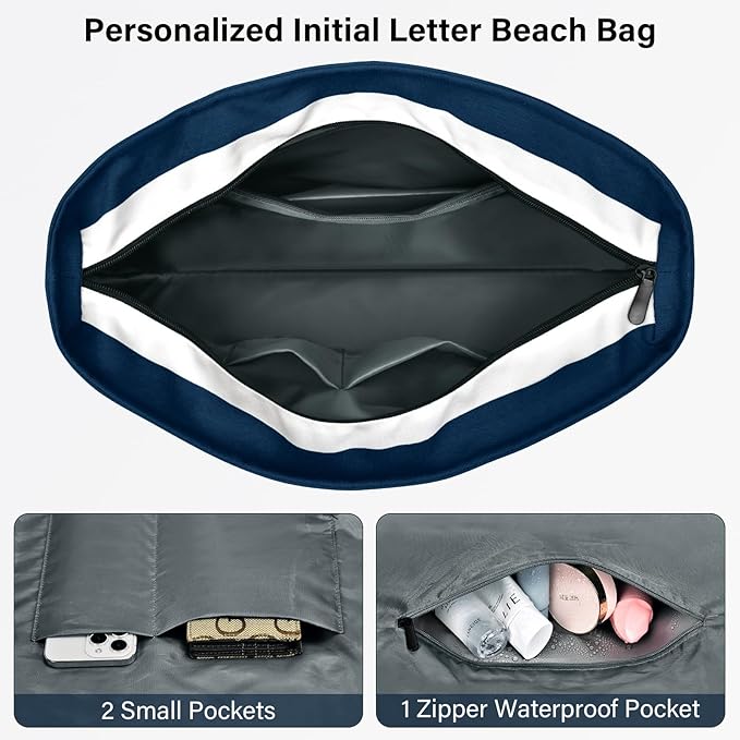 Becokan Beach Bag Initial Beach Tote with Makeup Bag for Travel Work Storage Personalized Birthday Gifts for Women Her