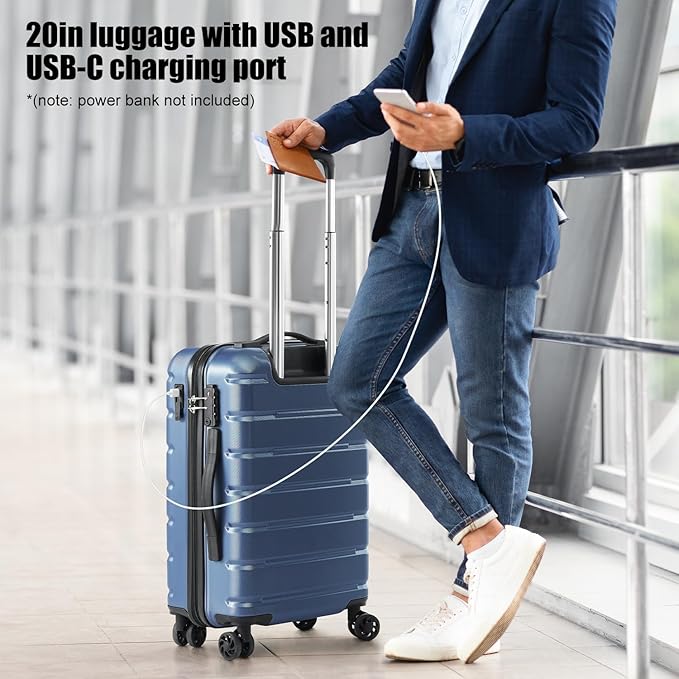 Coolife Luggage Suitcase Carry-on Spinner TSA Lock USB Port Expandable (only 28’’) Lightweight Hardside Luggage (Silver, 3 piece set)