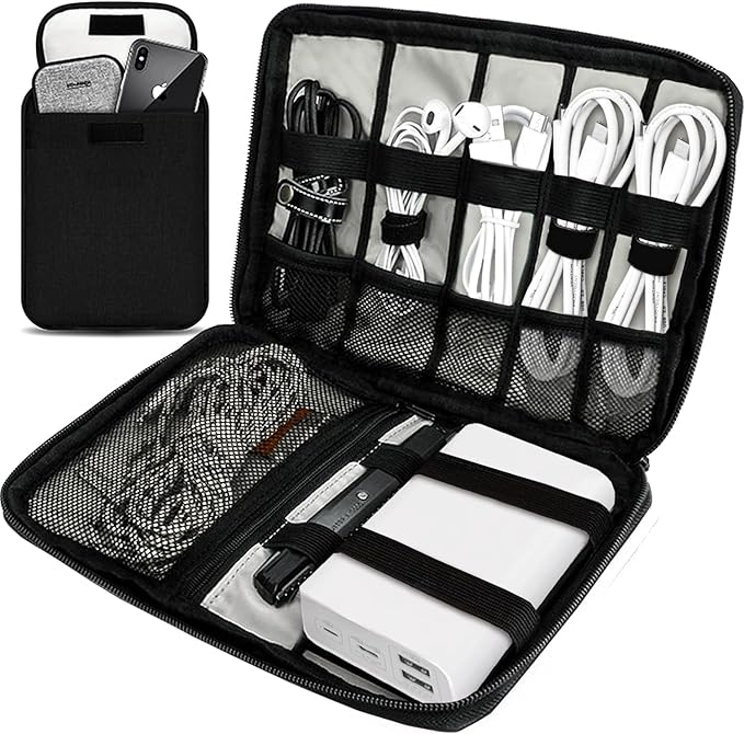 Travel Cable Organizer Pouch Electronic Accessories,Travel Essentials,Cord Organizer Storage Bag For Cord, Charger, Phone, Earphone,SD Card,Black
