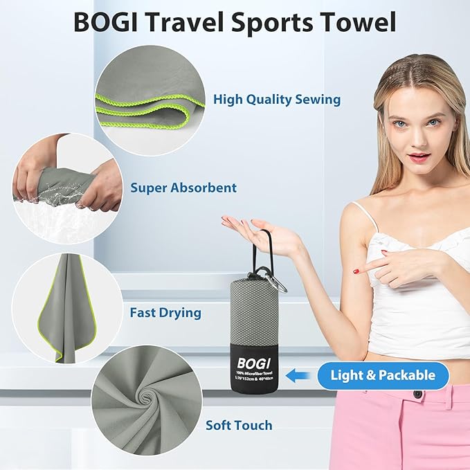 BOGI Microfiber Travel Sports Towel-Quick Dry Towel, Soft Lightweight Microfiber Camping Towel Absorbent Compact Travel Towel for Camping Gym Beach Yoga Swimming Backpacking (S:16''x32'',2Pcs-Grey)