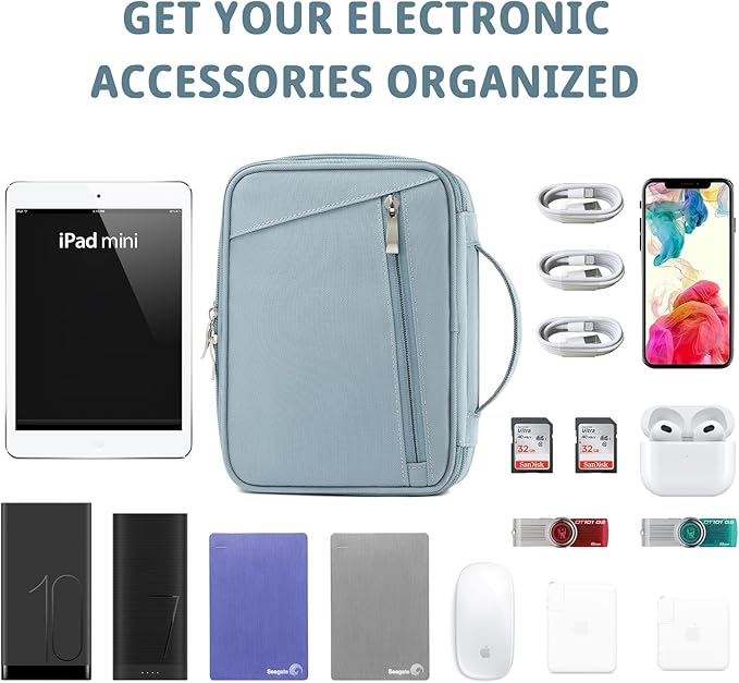 mygreen Electronics Travel Organizer, Watreproof Electronic Accessories Case Portable Double Layer Cable Storage Bag for Cord, Charger, Flash Drive, Phone, Ipad Mini, SD Card, Gifts for Him Grey Blue