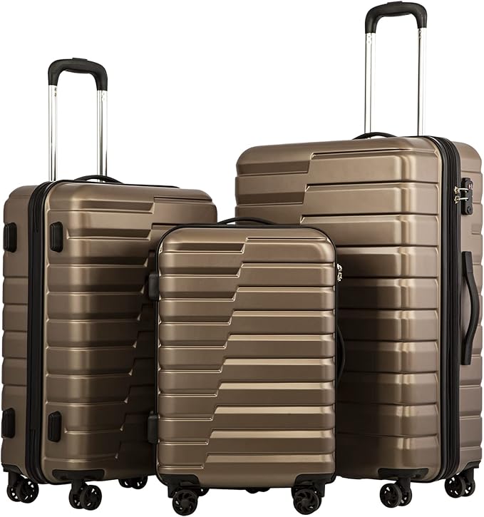 Coolife Luggage Expandable Suitcase set PC ABS TSA Lock Spinner Carry on 3 Piece Sets (brown)