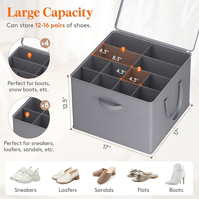 Lifewit Shoe Storage Organizer for Closet, Fits 12-16 Pairs, Large Shoe Box Storage Containers with Clear Cover and Reinforced Handles, Foldable Storage Bins Fits for Boots Heels Sneakers, 3 Pack Gray