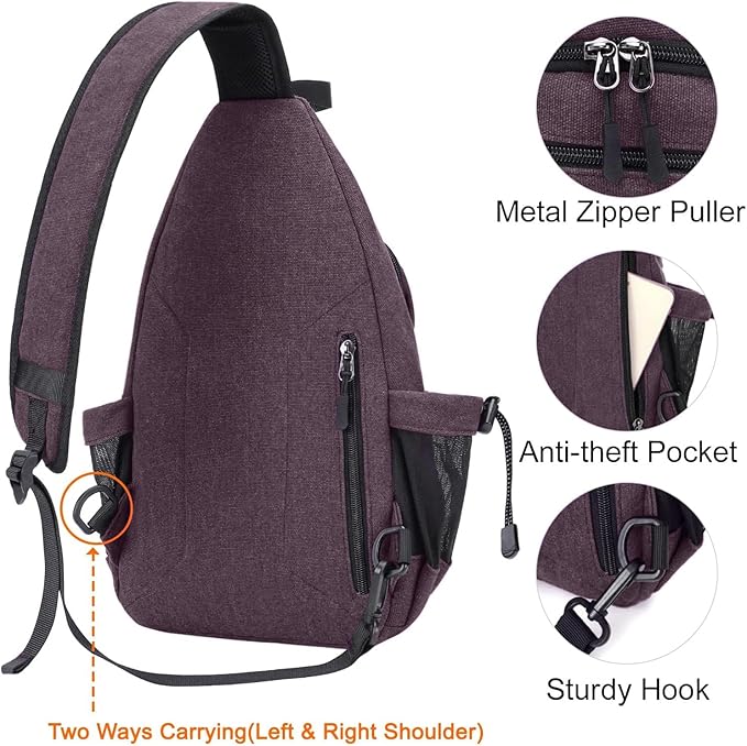 MOSISO Sling Backpack,Canvas Crossbody Hiking Daypack Bag with Anti-theft Pocket, Rose Brown