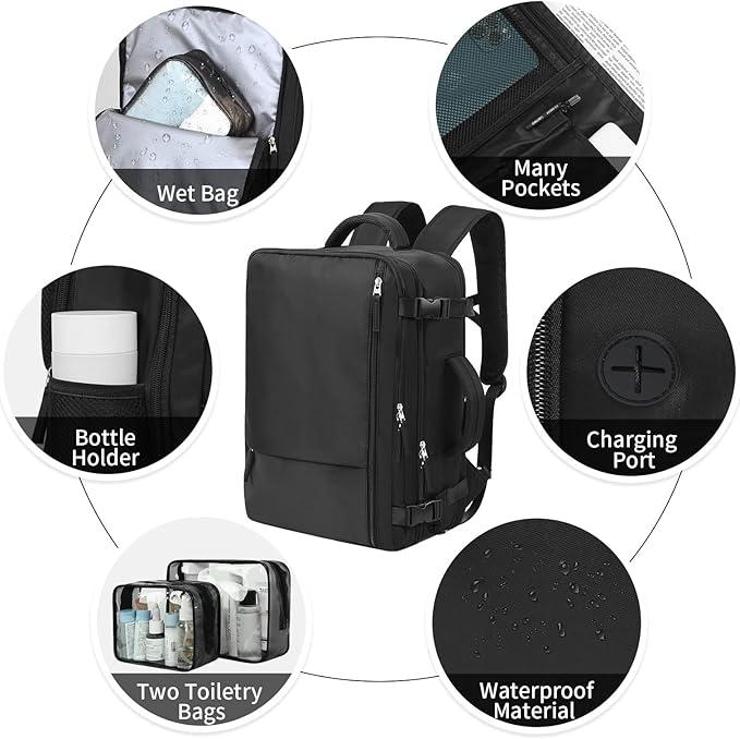 Hanples Travel Backpack for Women Men, Large Carry On Person Item Luggage Backpack, TSA Flight Approved 17.3 In Laptop Bag, Waterproof anti theft Casual Hiking Bag (Black)