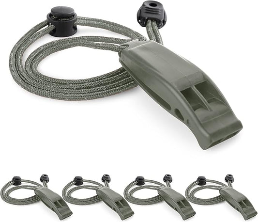 4Pack Emergency Whistles with Adjustable Reflective Lanyard, Shrill Loud Safety Whistle for Outdoor Survival Hiking Camping Hunting Fishing Kayak Life Vest Jacket Boating Rescue Signal (MilitaryGreen)