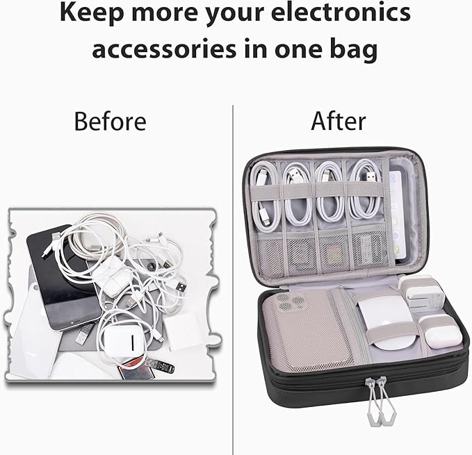 DDgro Travel Electronic Accessory Organizer for Keeping Cables Cords Chargers Phone Earphones SD Cards, Double Layers Storage Pouch Bag (Black, PU-Large)
