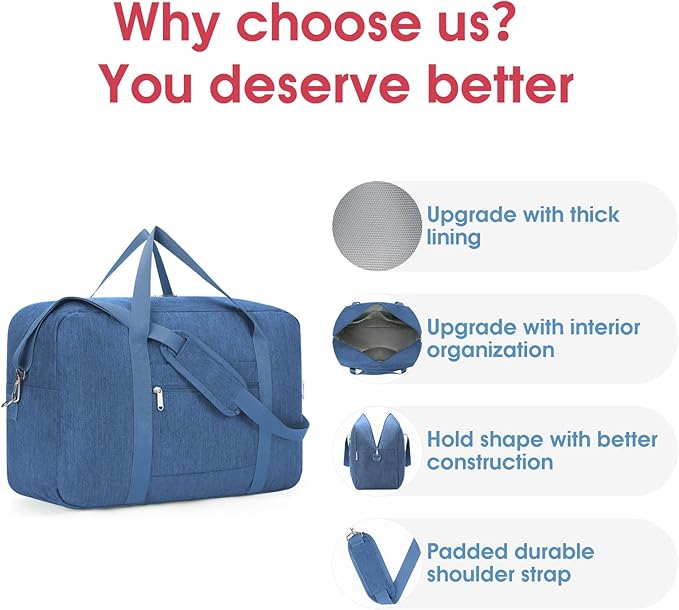 Carry on luaggage 22x14x9 Airlines Approved Foldable Carry on Bag Packable Duffle Overnight for Women and Men 40L (Navy Blue-1)