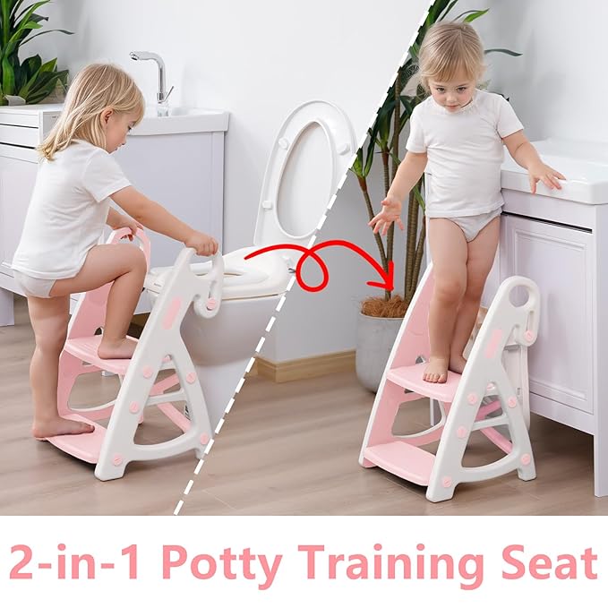 Potty Training Seat: 2 in 1 Design Potty Seat for Toilet & Nursery Step Stool for Sink Potty Training Toilet with Height Adjustable Ladder for Kids of All Ages (Light Pink)