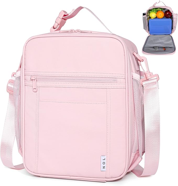 NOL Nylon Waterproof Kids Lunch Bag, Insulated Lunch Bag, Lunch box Cooler, Reusable, Zip Closure with Buckle Handle Holds Lunch Box, Snacks & Water Bottle for School Work,Pink