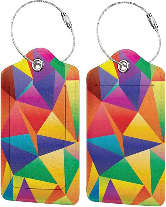 2 Pcs Luggage Tags for Suitcases Unique, Bright Rainbow Leather Baggage Tag with Colorful Geometric Pattern, Identifiers Tags with Privacy Name Address Labels & Durable Steel Loop for Women Men Travel
