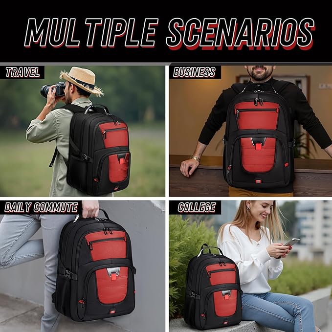 Z-MGKISS Big Travel Backpack, Large Laptop Backpack, TSA Approved Bag 50L, Anti-Theft Water Resistant Computer Daypack 17.3 Inch, Red