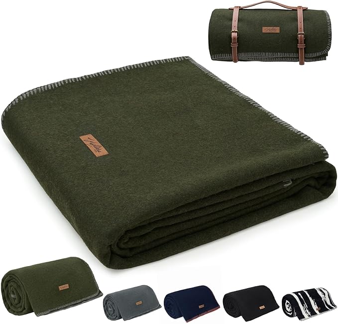 100% Wool Blanket, 62" x 86", Warm, Thick, Washable, Military Wool Blanket, Great for Camping, Outdoors, Sporting Events, Survival Kits