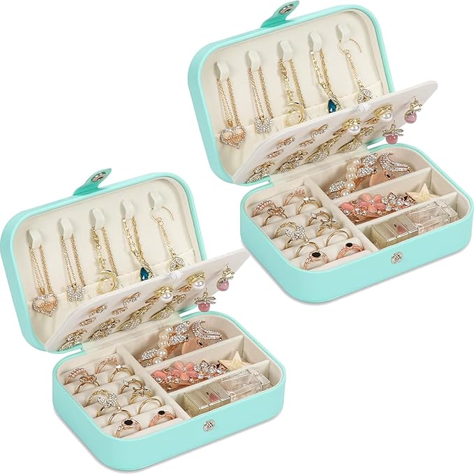 Travel Jewelry Box, PU leather Small Jewelry Organizer For Female Girls, double layer portable mini travel case for storing earrings, rings, necklaces.(green 2pcs)